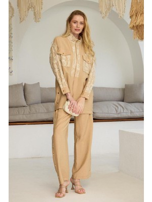 Nazen Giyim Gold Dantelli Işlemeli Latte Kadın Takım  MA24.22-2Y5
