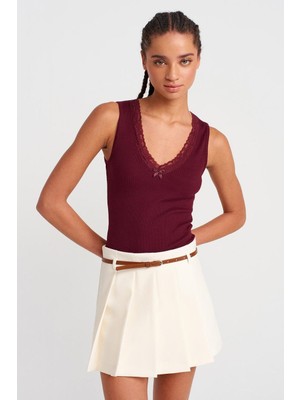 Nazen Giyim Dantel Detaylı Kolsuz Bordo Kadın Crop  31778-2Y5