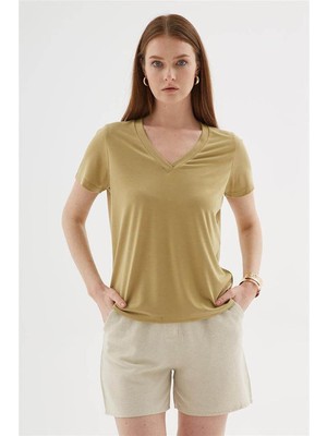 Nazen Giyim V Yaka Kısa Kollu Olive  Kadın Bluz 0144-2Y5