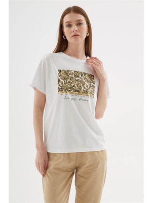 Nazen Giyim Sıfır Yaka Kısa Kollu Baskılı Beyaz  Kadın T-Shirt  0062-2Y5