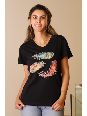 Nazen Giyim Pul Işlemeli V Yaka Siyah  Kadın T-Shirt 126-2Y5