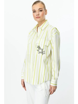 Nazen Giyim Yıldız Detaylı Çizgili Fıstık Kadın Gömlek 56300-2Y5