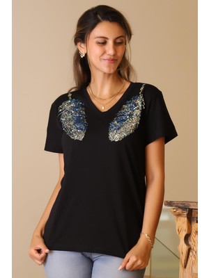 Nazen Giyim Omuzları Pul Işlemeli Siyah Kadın T-Shirt 66-2y5