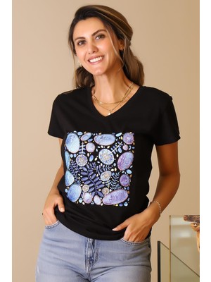 Nazen Giyim Taşlı V Yaka Siyah  Kadın T-Shirt 20-2y5