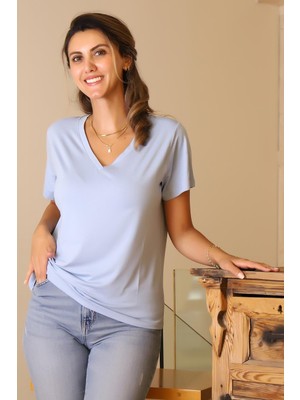 Nazen Giyim Kısa Kollu V Yaka Mavi Kadın Bluz  717-2Y5