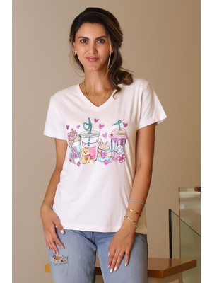 Nazen Giyim Kısa Kollu Baskılı Beyaz Kadın T-Shirt  42-2y5