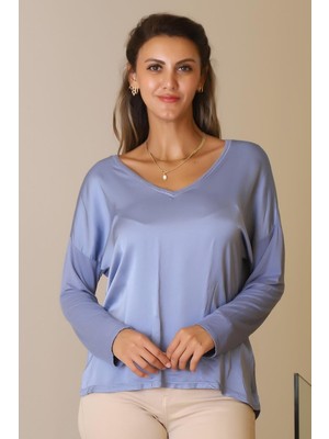 Nazen Giyim V Yaka Uzun Kollu Mavi  Kadın Bluz 797303-2Y5