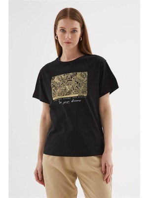Nazen Giyim Sıfır Yaka Kısa Kollu Baskılı Siyah Kadın T-Shirt 0062-2Y5
