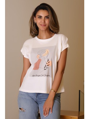 Nazen Giyim Sıfır Yaka Baskılı Ekru Kadın T-Shirt  29572-2Y5
