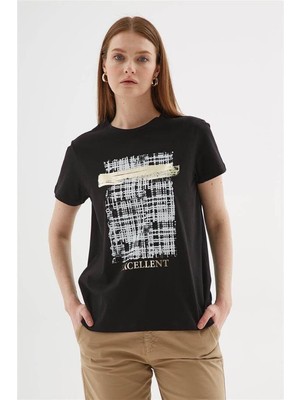 Nazen Giyim Sıfır Yaka Baskılı Siyah Kadın T-Shirt  0097-2Y5