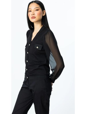 Nazen Giyim Düğmeli Kolları Tül Siyah Kadın Bluz 51446-2Y5