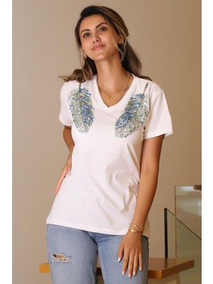 Nazen Giyim Omuzları Pul Işlemeli Beyaz Kadın T-Shirt  66-2y5