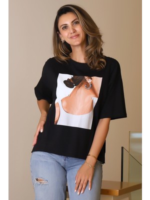 Nazen Giyim Baskılı Kısa Kollu Siyah Kadın T-Shirt  29461-2Y5