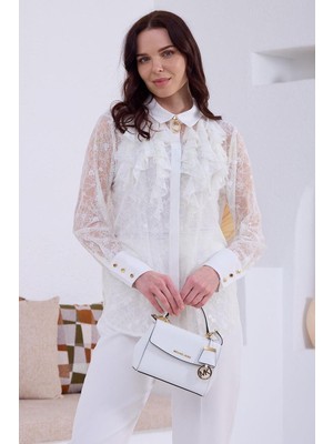 Nazen Giyim Dantelli Broşlu Ekru Kadın Bluz  MA11.15-2Y5