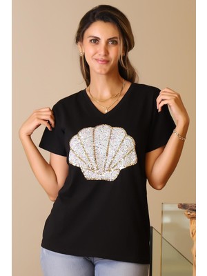 Nazen Giyim Midye Baskılı Kısa Kollu Siyah  Kadın T-Shirt 121-2Y5