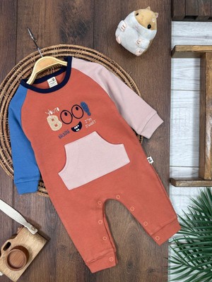 Kids Kingdom Pamuklu Peluş Nakışlı Kanguru Cepli Omuzdan Alttan Çıtçıtlı Erkek Bebek Tulum