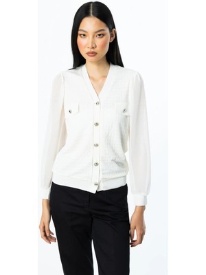 Nazen Giyim Düğmeli Kolları Tül Ekru Kadın Bluz  51446-2Y5