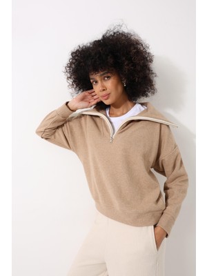 Amida Kamel Selanik Kumaş Şal Yaka Oversize Fermuarlı Kadın Sweatshirt - 2441