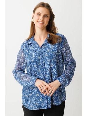 Nazen Giyim Desenli Kumaş Indigo Kadın Bluz  3522-2Y5