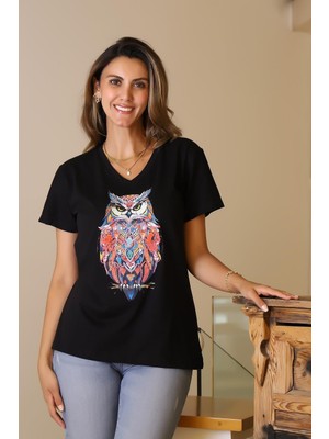 Nazen Giyim Baykuş Desenli Kısa Kollu Siyah  Kadın T-Shirt 84-2y5