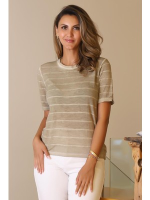 Nazen Giyim Kısa Kollu Çizgili Haki Kadın Triko Bluz 325-2Y5