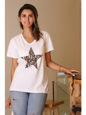 Nazen Giyim Yıldız Işlemeli Kısa Kollu Beyaz Kadın T-Shirt  135-2Y5