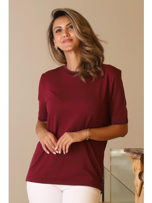 Nazen Giyim Sıfır Yaka Kısa Kollu Bordo  Kadın Triko Bluz 303-2Y5