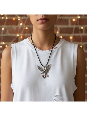 Alooya Görkemli Kartal Gümüş Kaplama Deri İp Kolye