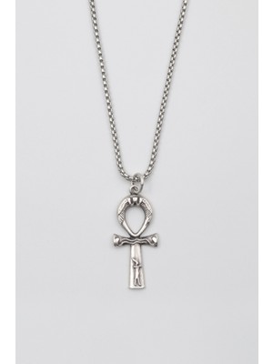 Alooya Ankh Yaşam Kolye - Örme İthal Zincirli Unisex Gümüş Kaplama Mısır Sembolü - 60 cm