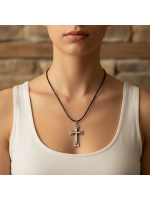 Alooya Antik Haç Gümüş Kaplama Deri İp Kolye