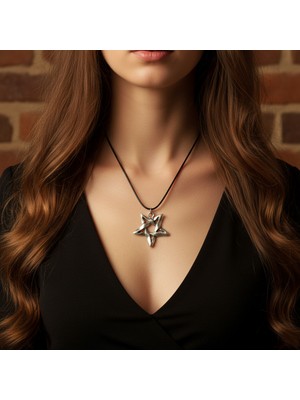Alooya Pentagram Gümüş Kaplama Deri İp Kolye