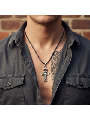 Alooya Ankh Anahtarı - Nil'in Anahtarı Gümüş Kaplama Deri İp Kolye