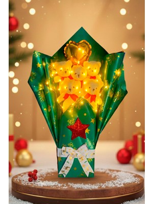 Sole Premium Özel Yeniyıl - Yılbaşı Konsepti  LED Işıklı Romantik Yeşil - Kırmızı-  Beyaz Peluş Ayıcık Buketi-Sevdiklerinize Özel