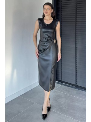 Gülseli Içi Kadifeli Vatkalı Deri Elbise P-00019350