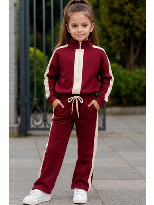 Alkın Kids 3-10 Yaş Kız Çocuk Bordo Şeritli Eşofman Takımı