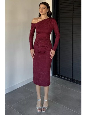 Gülseli Tek Omuz Detaylı Taşlı Elbise P-00019348