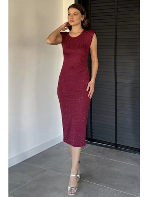 Gülseli Omuz Vatkalı Taşlı Elbise P-00019346