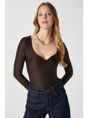 Ritnice Kadın Rich Kalp Yaka Polyamid Kahverengi Çıtçıtlı Body / Bluz