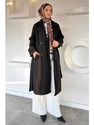 Julude Kendinden Desenli Bel Kuşaklı Tesettür Kaban P-00019458