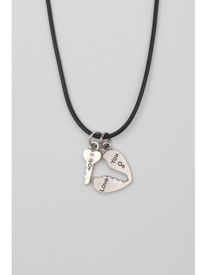 Alooya Kalp ve Anahtar 'Love' Yazılı Kolye - PU Deri İp Zincirli Unisex Gümüş Kaplama - 60 cm