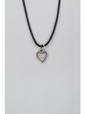 Alooya Minimalist Kalp Siyah Deri İp Kolye - Antik Gümüş Kaplama - Kadın Erkek - 60 cm