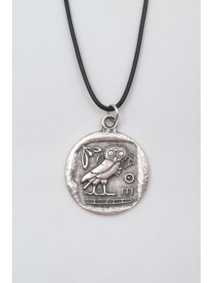 Alooya Yunan Mitolojisi Baykuş Siyah Deri İp Kolye - Antik Gümüş Kaplama - Kadın Erkek - 60 cm