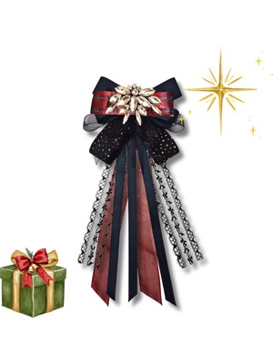 Pegu Yeni Yıl , Noel , Christmas ,ytaşlı Siyah Dantelli Broş