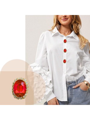 Pegu 2 Adet Kırmızı Oval Kristal Taşlı Trend Düğme Broş , Düğme Geçirme Aparatlı