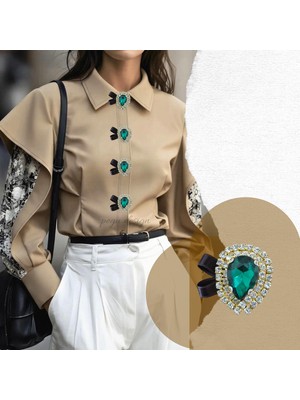 Pegu 2 Adet Kurdelalı Zümrüt Yeşil Damla Taş Trend Düğme Broş , Düğme Geçirme Aparatlı