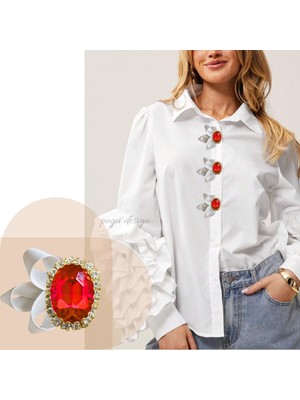 Pegu 2 Adetkurdelalı Kırmızı Oval Kristal Taşlı Trend Düğme Broş , Düğme Geçirme Aparatlı