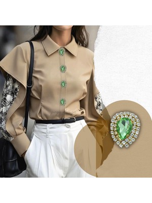 Pegu 2 Adet Kurdelalı Fıstık Yeşil Damla Taş Trend Düğme Broş , Düğme Geçirme Aparatlı