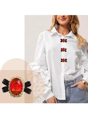 Pegu 2 Adet Kurdelalı Kırmızı Oval Kristal Taşlı Trend Düğme Broş , Düğme Geçirme Aparatlı