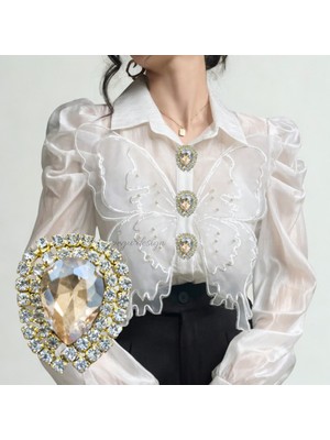 Pegu 2 Adet Bal Rengi Kristal Damla Taş Trend Düğme Broş , Düğme Geçirme Aparatlı