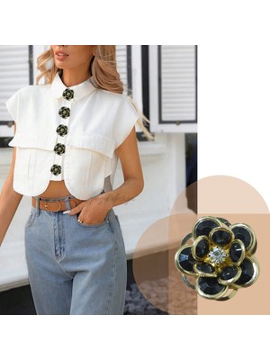 Pegu 1 Adet Siyah Boncuk Çiçek Trend Düğme Broş , Düğme Geçirme Aparatlı